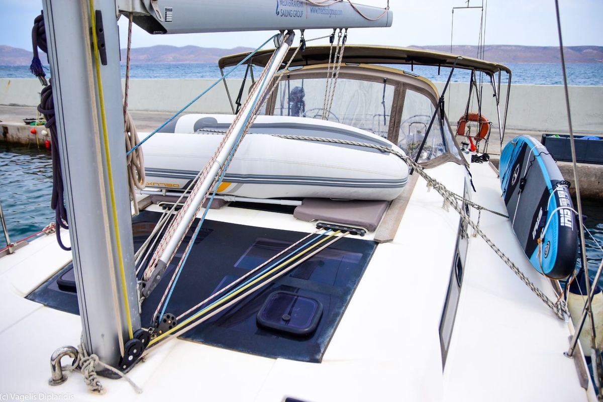 Deck of Silia, a Dufour 460 sailboat at Municipal Unit of Lefkada, Greece