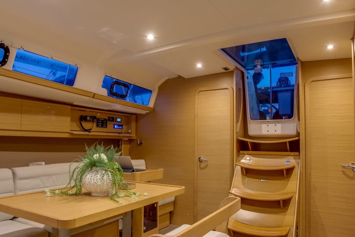 Salon of Silia, a Dufour 460 sailboat at Municipal Unit of Lefkada, Greece