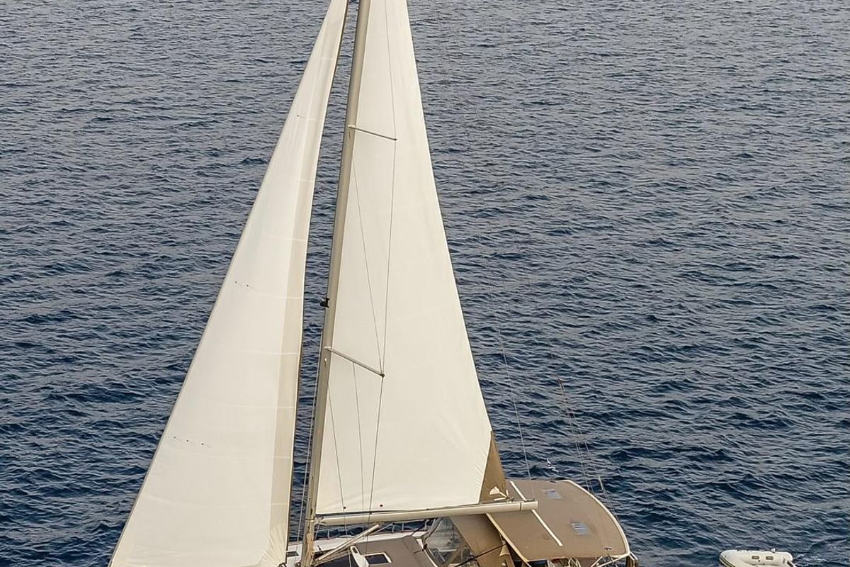 Exterior view of Silia, a Dufour 460 sailboat at Municipal Unit of Lefkada, Greece