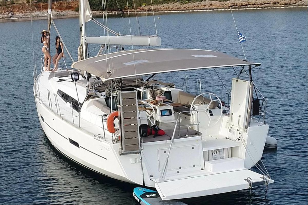 Exterior view of Silia, a Dufour 460 sailboat at Municipal Unit of Lefkada, Greece