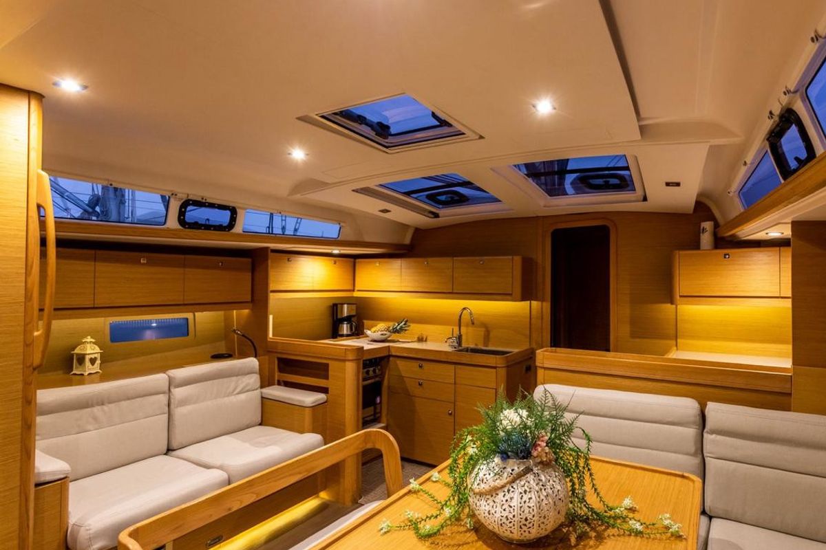 Salon of Silia, a Dufour 460 sailboat at Municipal Unit of Lefkada, Greece