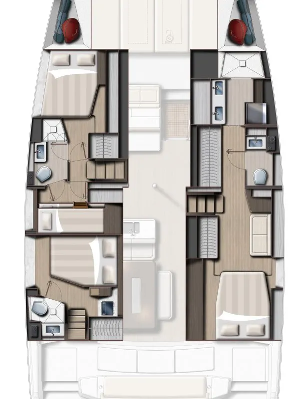 Floor plan of Bella Vita, a Bali 4.6 catamaran at Central Abaco, Bahamas
