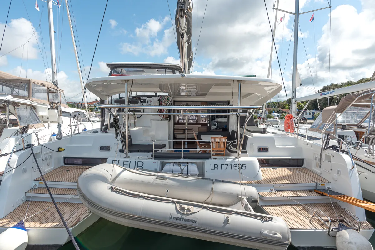 Exterior view of Fleur De Sel, a Lagoon 42 catamaran at Grad Pula, Croatia