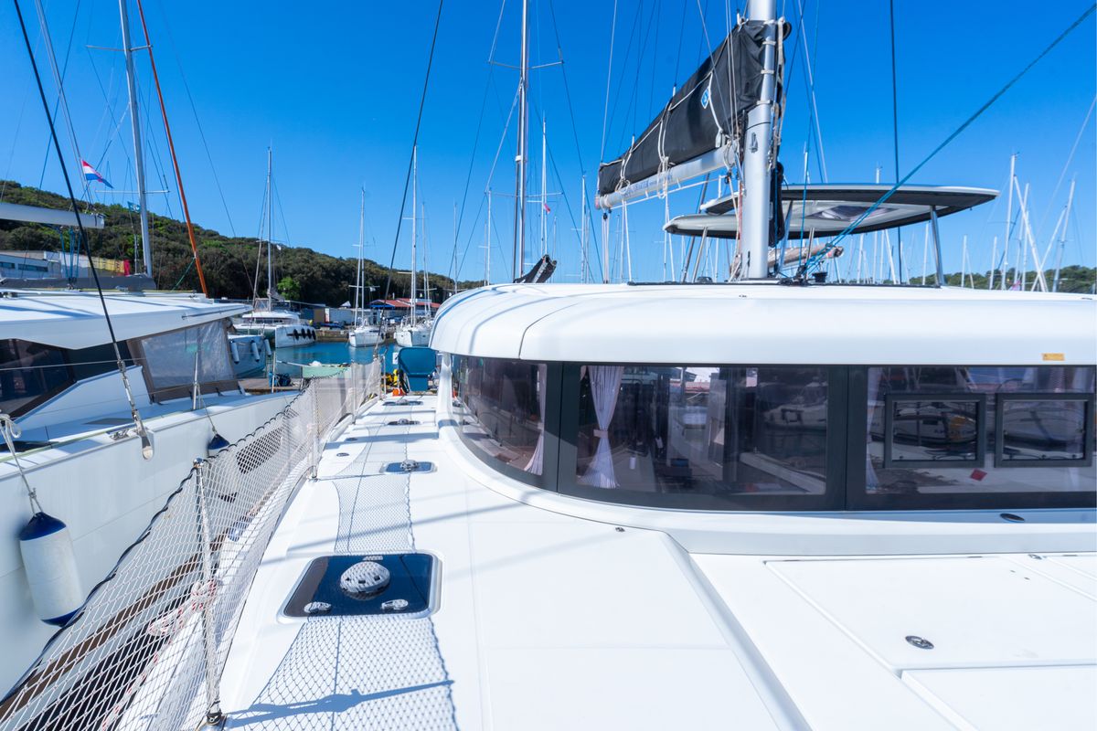 Exterior view of Fleur De Sel, a Lagoon 42 catamaran at Grad Pula, Croatia