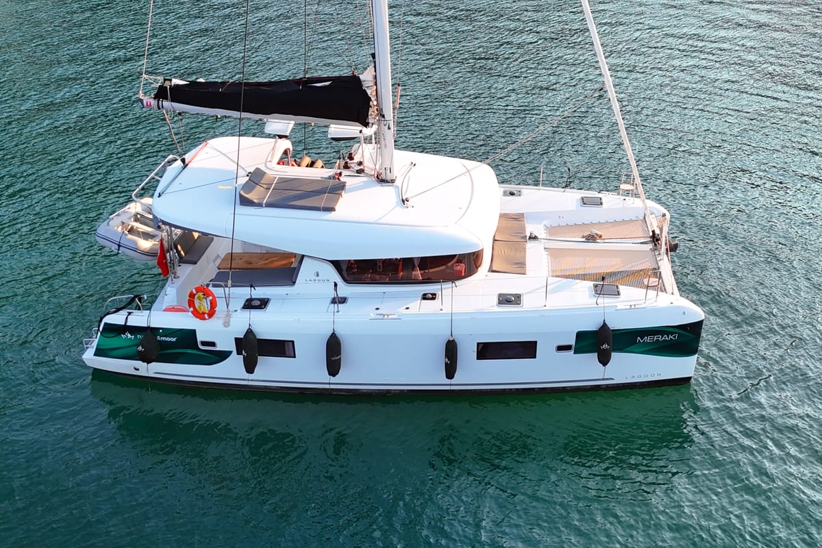 Exterior view of Meraki, a Lagoon 42 catamaran at Fethiye, Turkey