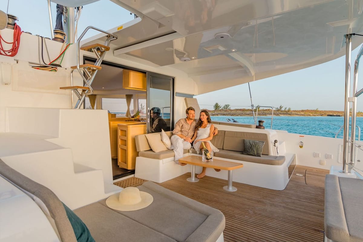 Deck of Meraki, a Lagoon 42 catamaran at Fethiye, Turkey