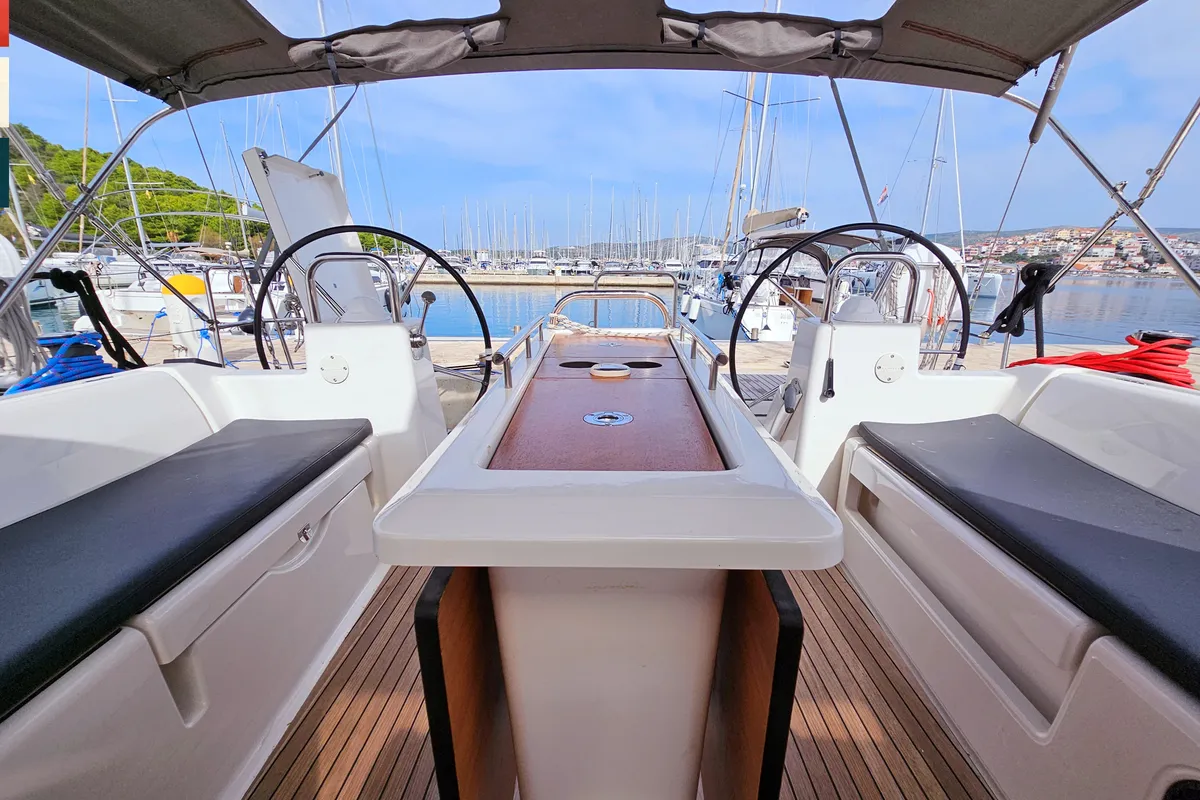 Cockpit of Nadine, a Dufour 460 GL sailboat at Općina Rogoznica, Croatia