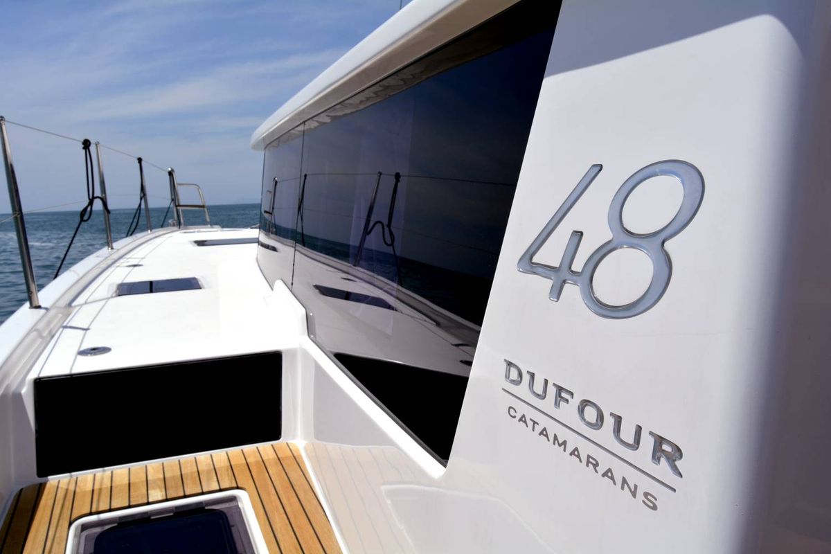 Exterior view of Amelie, a Dufour Catamaran 48 catamaran at Cecina, Italy