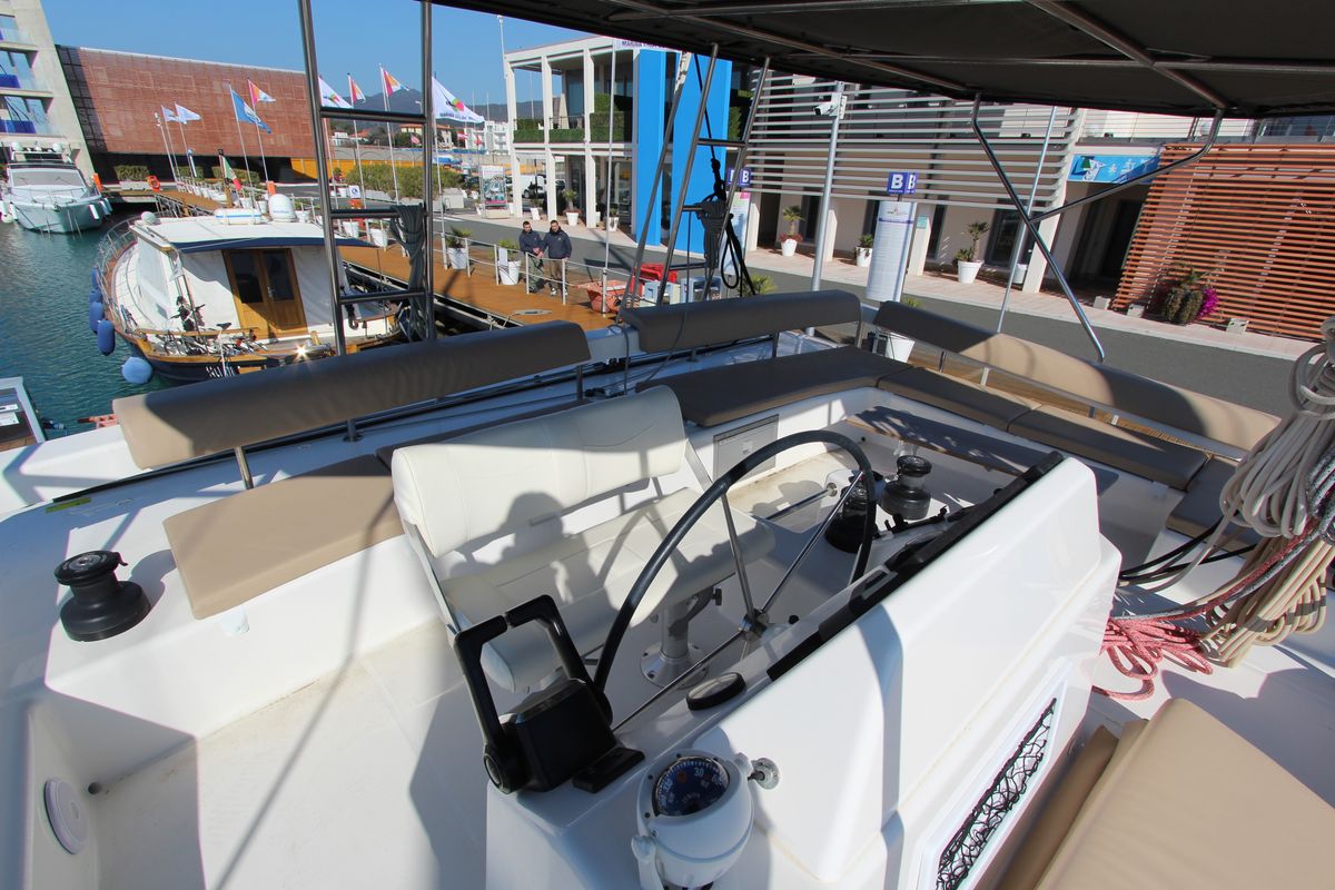 Cockpit of Amelie, a Dufour Catamaran 48 catamaran at Cecina, Italy
