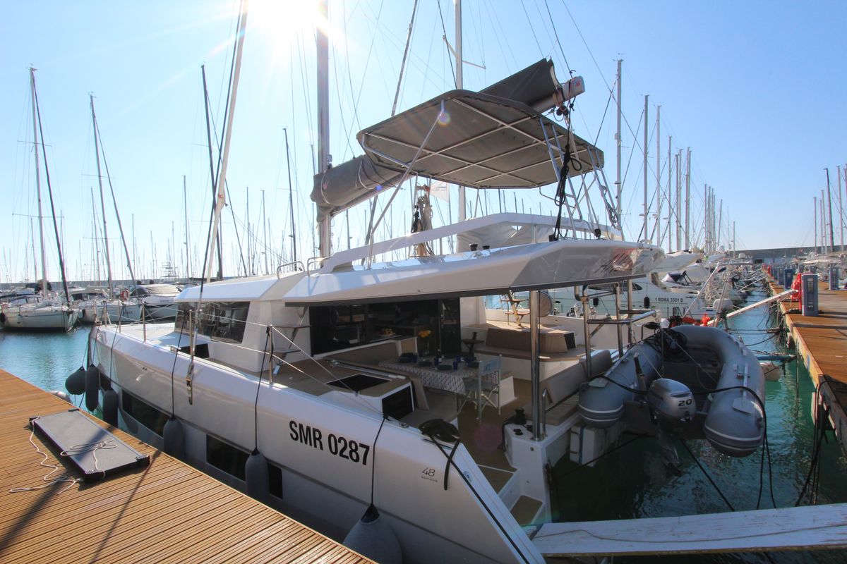 Exterior view of Amelie, a Dufour Catamaran 48 catamaran at Cecina, Italy