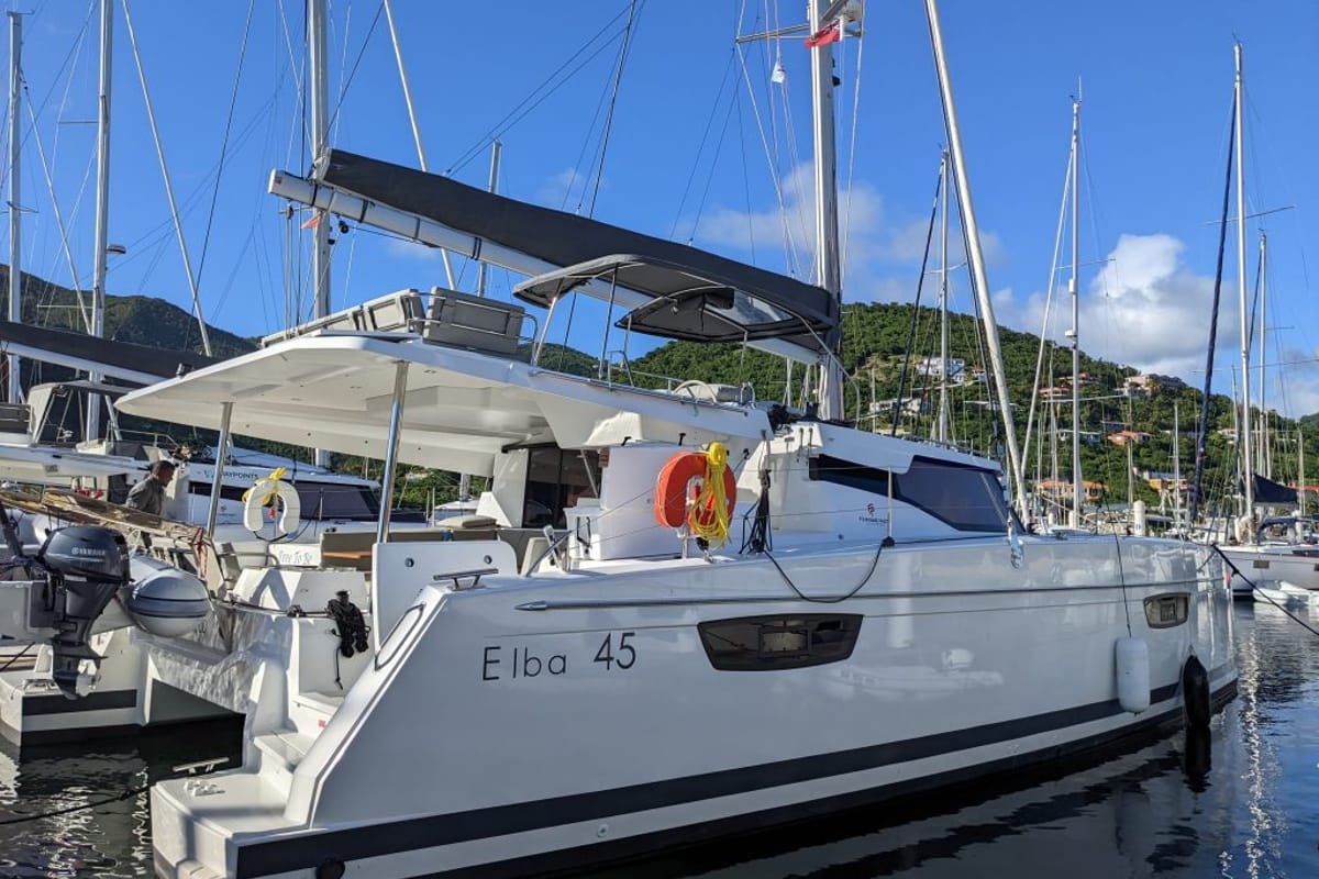 Exterior view of Free To Be, a Fountaine Pajot Elba 45 catamaran at Road Town, British Virgin Islands