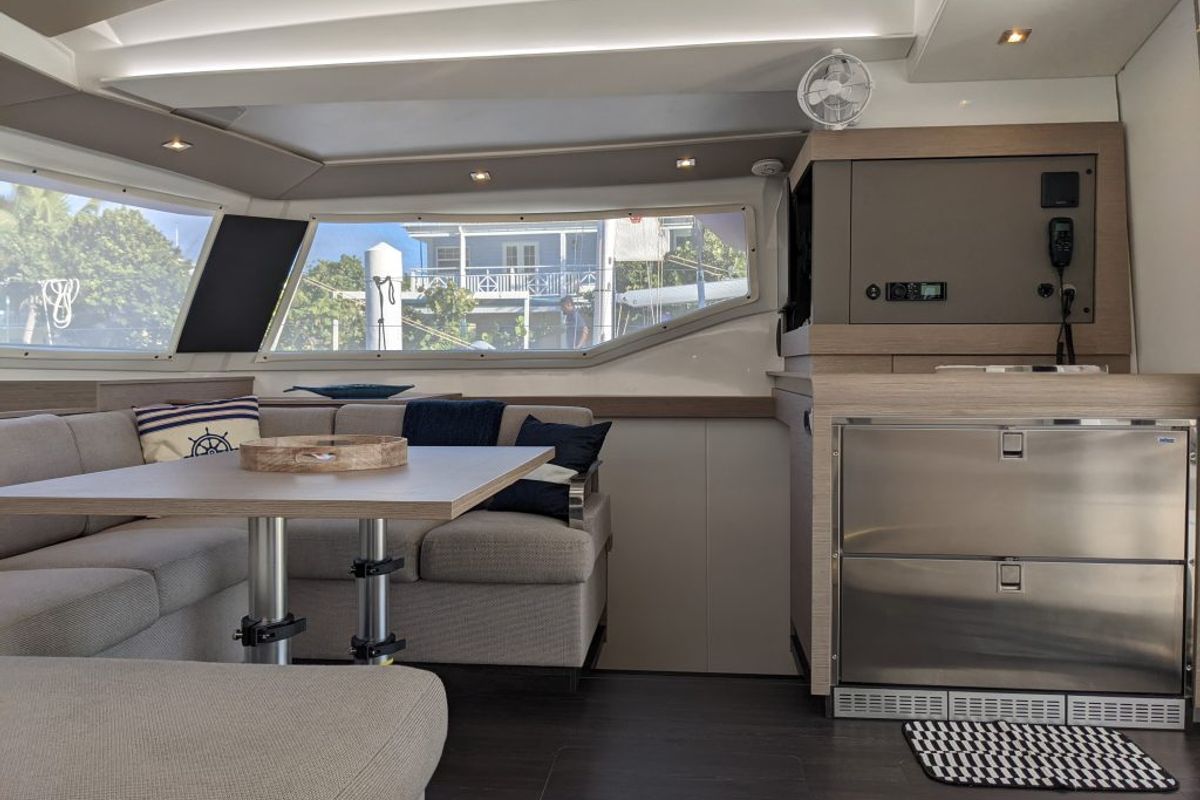 Salon of Free To Be, a Fountaine Pajot Elba 45 catamaran at Road Town, British Virgin Islands