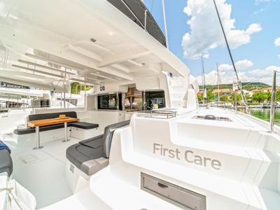 Deck of First Care, a Lagoon 46 catamaran at Skradin, Croatia