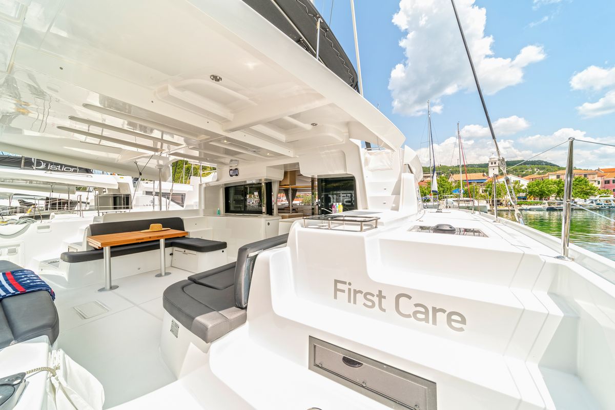 Deck of First Care, a Lagoon 46 catamaran at Skradin, Croatia