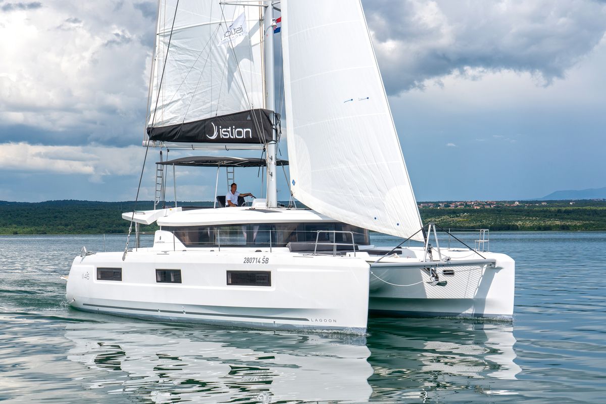 Exterior view of First Care, a Lagoon 46 catamaran at Skradin, Croatia