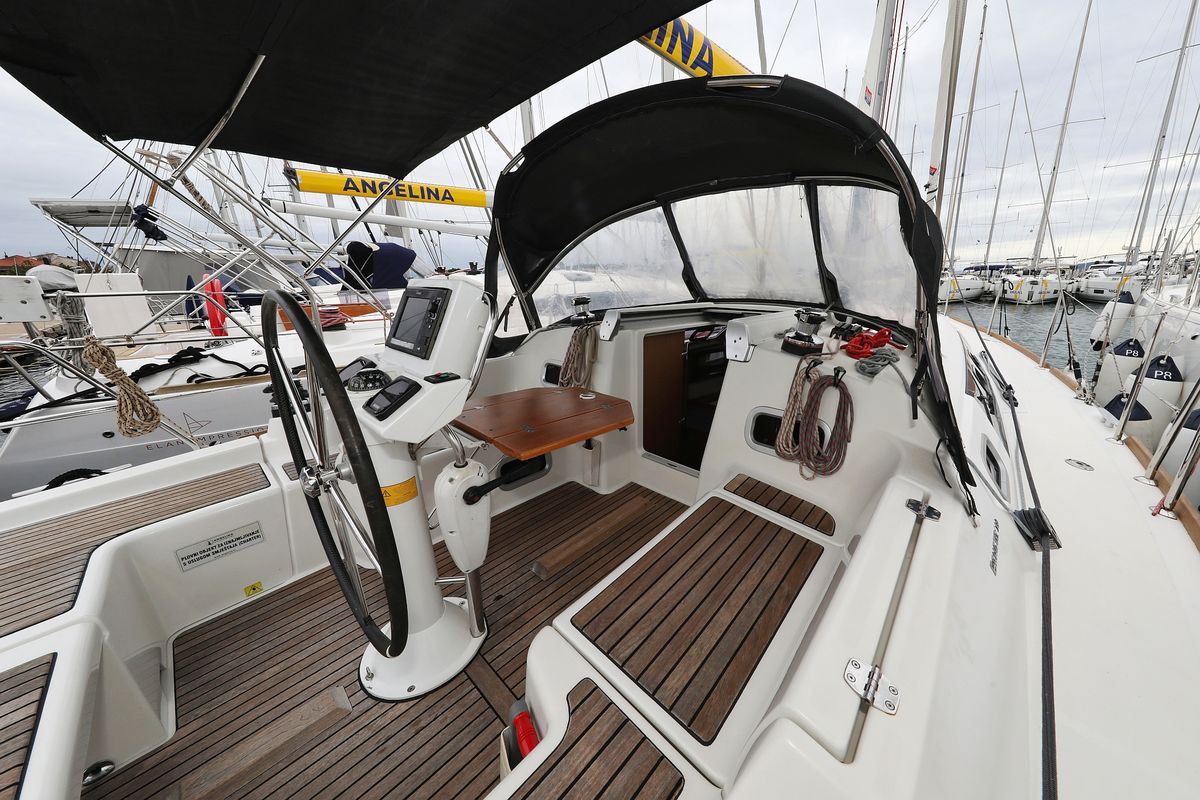 Cockpit of Caprice, a Beneteau Oceanis 34 sailboat at Grad Vodice, Croatia
