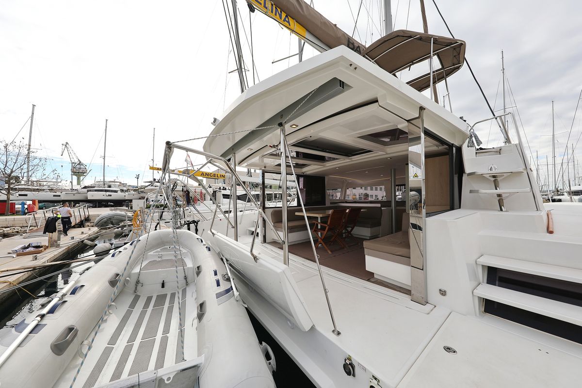 Deck of Tisia, a Bali 4.3 catamaran at Grad Trogir, Croatia