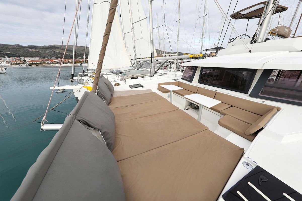 Deck of Tisia, a Bali 4.3 catamaran at Grad Trogir, Croatia