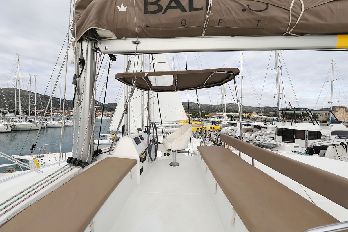 Cockpit of Tisia, a Bali 4.3 catamaran at Grad Trogir, Croatia