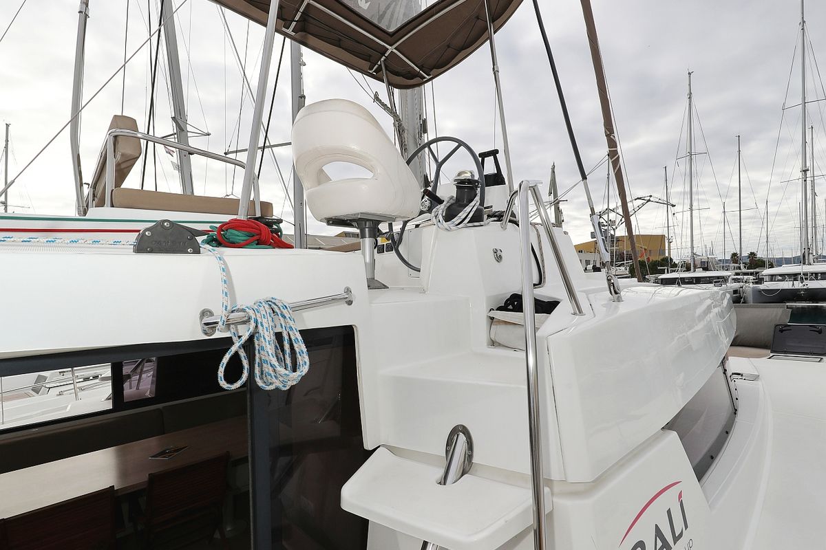 Cockpit of Tisia, a Bali 4.3 catamaran at Grad Trogir, Croatia