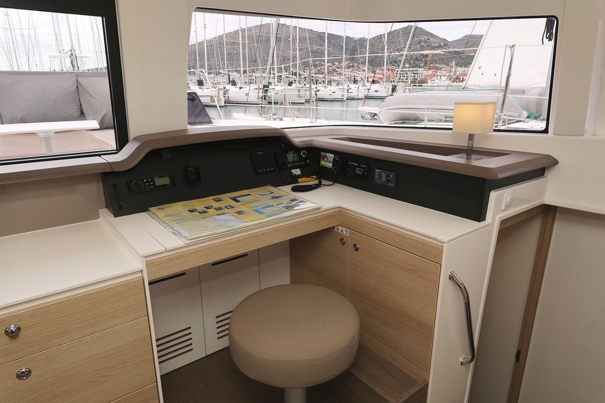 Cockpit of Tisia, a Bali 4.3 catamaran at Grad Trogir, Croatia