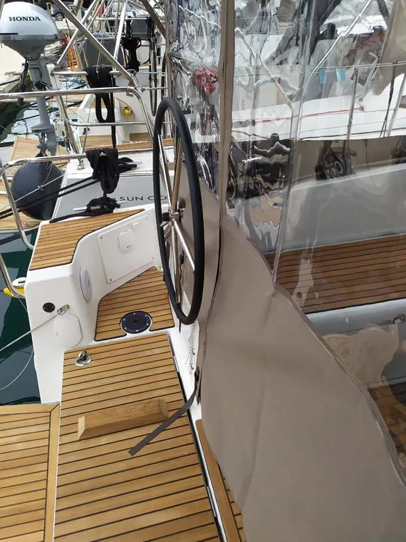 Deck of Bright Elli, a Jeanneau Sun Odyssey 380 sailboat at Grad Trogir, Croatia