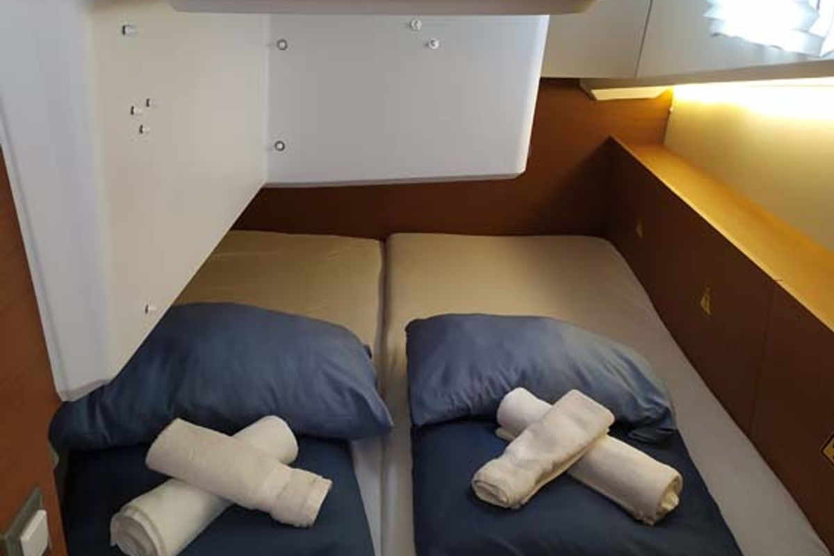 Cabin on Bright Elli, a Jeanneau Sun Odyssey 380 sailboat at Grad Trogir, Croatia