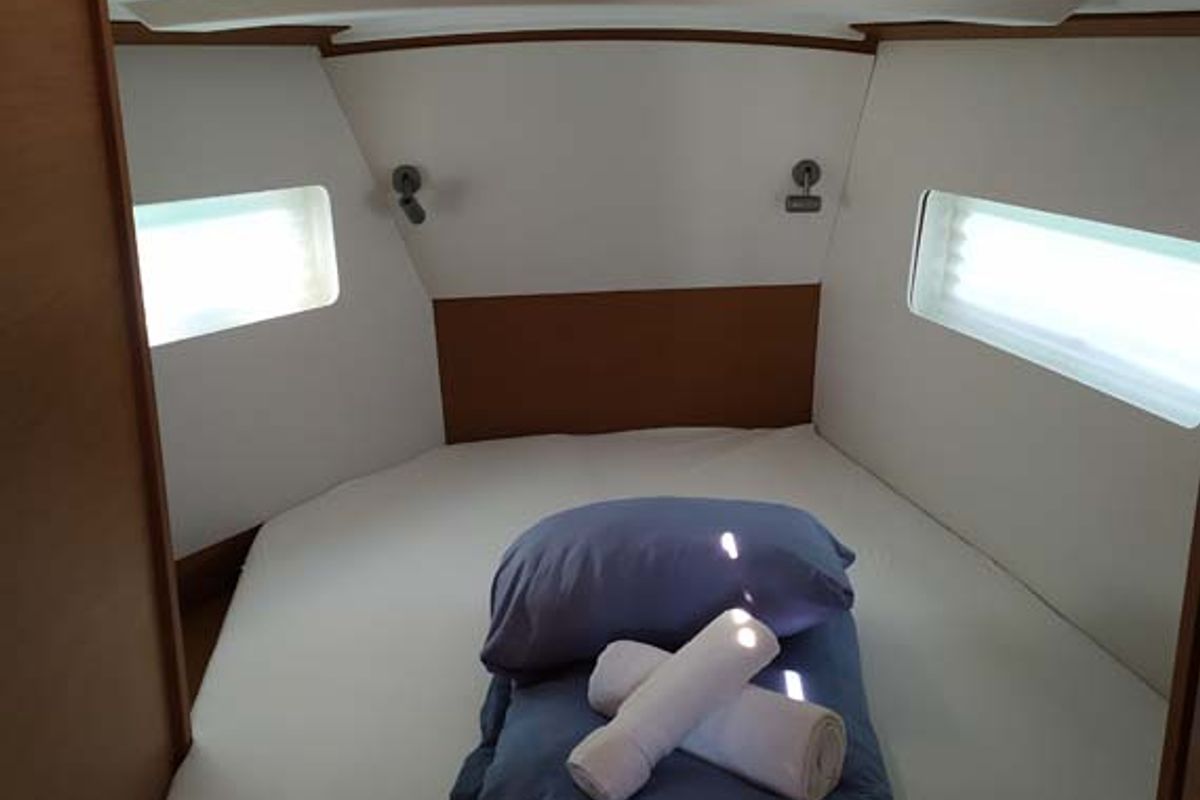 Cabin on Bright Elli, a Jeanneau Sun Odyssey 380 sailboat at Grad Trogir, Croatia