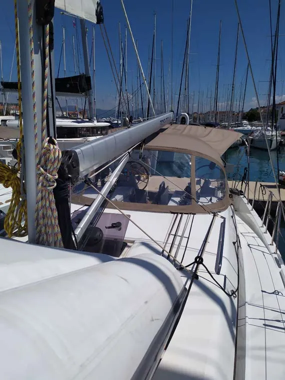 Exterior view of Bright Elli, a Jeanneau Sun Odyssey 380 sailboat at Grad Trogir, Croatia