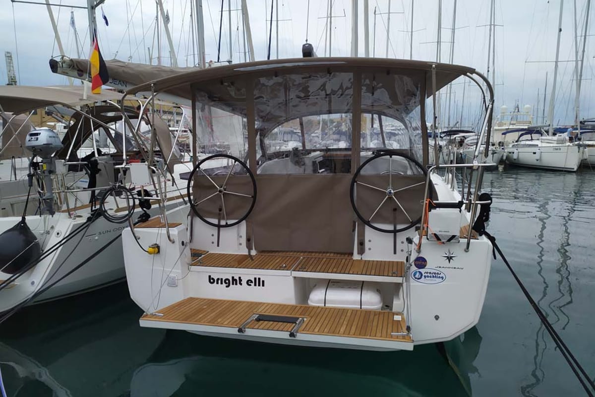Exterior view of Bright Elli, a Jeanneau Sun Odyssey 380 sailboat at Grad Trogir, Croatia