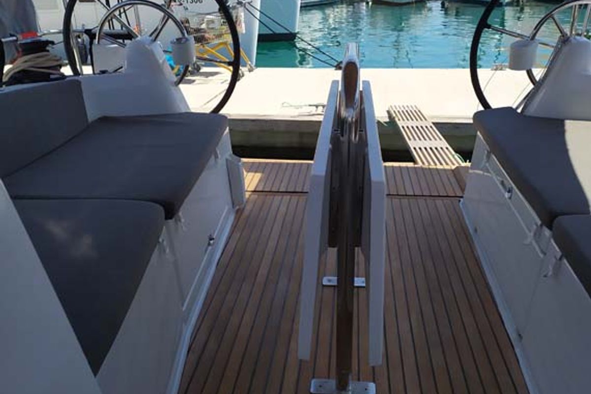 Cockpit of Bright Elli, a Jeanneau Sun Odyssey 380 sailboat at Grad Trogir, Croatia