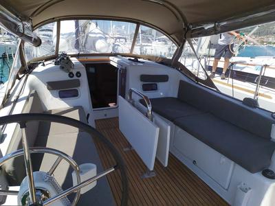 Cockpit of Bright Elli, a Jeanneau Sun Odyssey 380 sailboat at Grad Trogir, Croatia