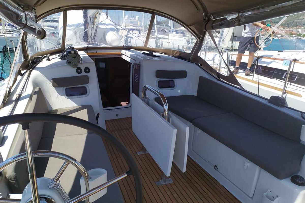 Cockpit of Bright Elli, a Jeanneau Sun Odyssey 380 sailboat at Grad Trogir, Croatia