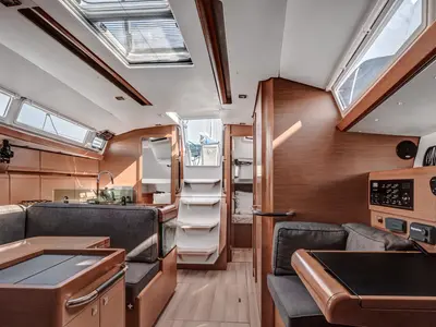 Salon of Calypso, a Jeanneau Sun Odyssey 419 sailboat at Municipal Unit of Palairos, Greece