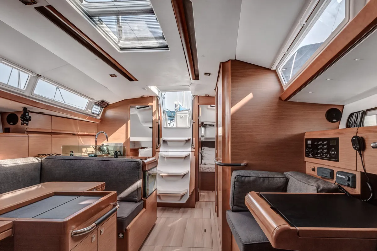 Salon of Calypso, a Jeanneau Sun Odyssey 419 sailboat at Municipal Unit of Palairos, Greece