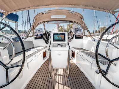 Cockpit of Calypso, a Jeanneau Sun Odyssey 419 sailboat at Municipal Unit of Palairos, Greece