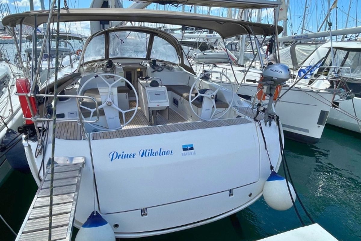 Exterior view of Prince Nikolaos, a Bavaria Cruiser 51 sailboat at Municipal Unit of Lefkada, Greece