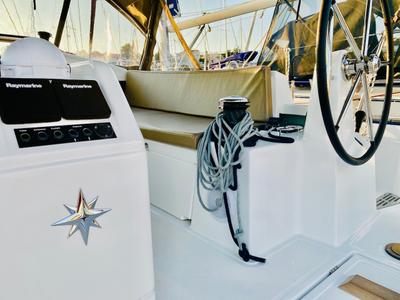 Cockpit of SALVA, a Jeanneau Sun Odyssey 440 sailboat at Grad Šibenik, Croatia