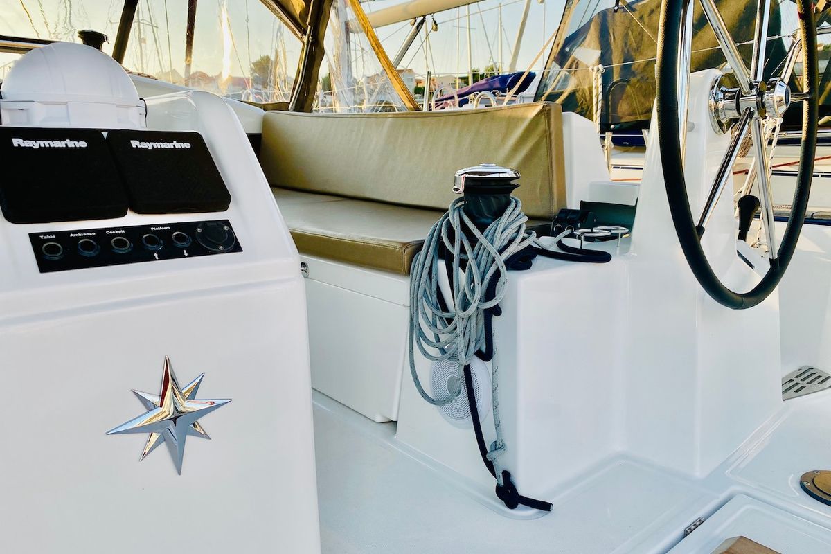 Cockpit of SALVA, a Jeanneau Sun Odyssey 440 sailboat at Grad Šibenik, Croatia