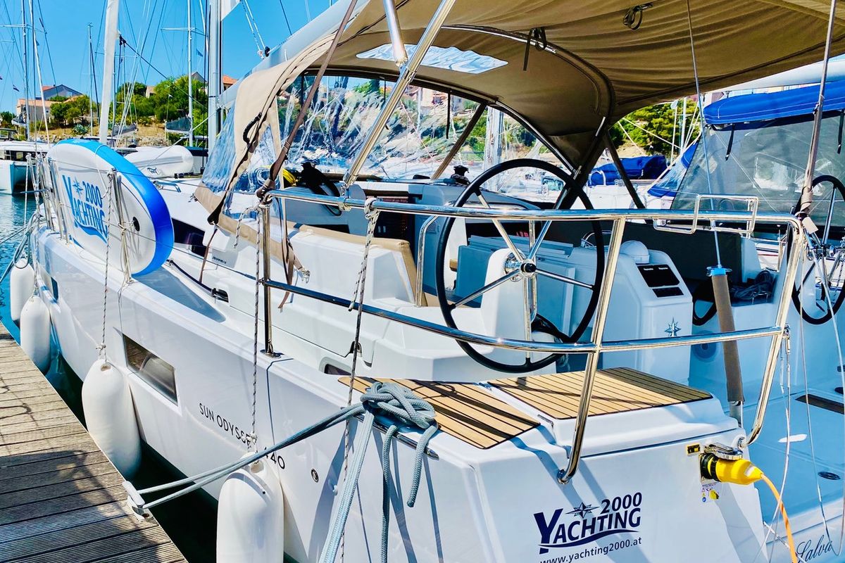 Exterior view of SALVA, a Jeanneau Sun Odyssey 440 sailboat at Grad Šibenik, Croatia