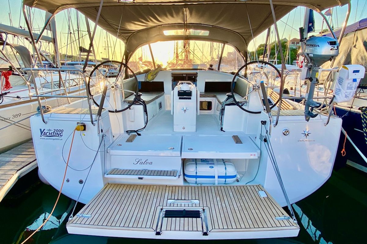 Deck of SALVA, a Jeanneau Sun Odyssey 440 sailboat at Grad Šibenik, Croatia