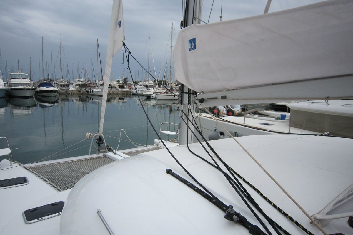 Deck of ThunderCat, a Lagoon 380 catamaran at Lavreotiki Municipal Unit, Greece
