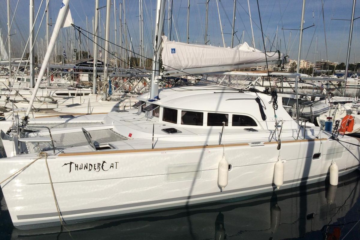 Exterior view of ThunderCat, a Lagoon 380 catamaran at Lavreotiki Municipal Unit, Greece