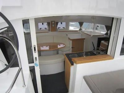 Salon of ThunderCat, a Lagoon 380 catamaran at Lavreotiki Municipal Unit, Greece