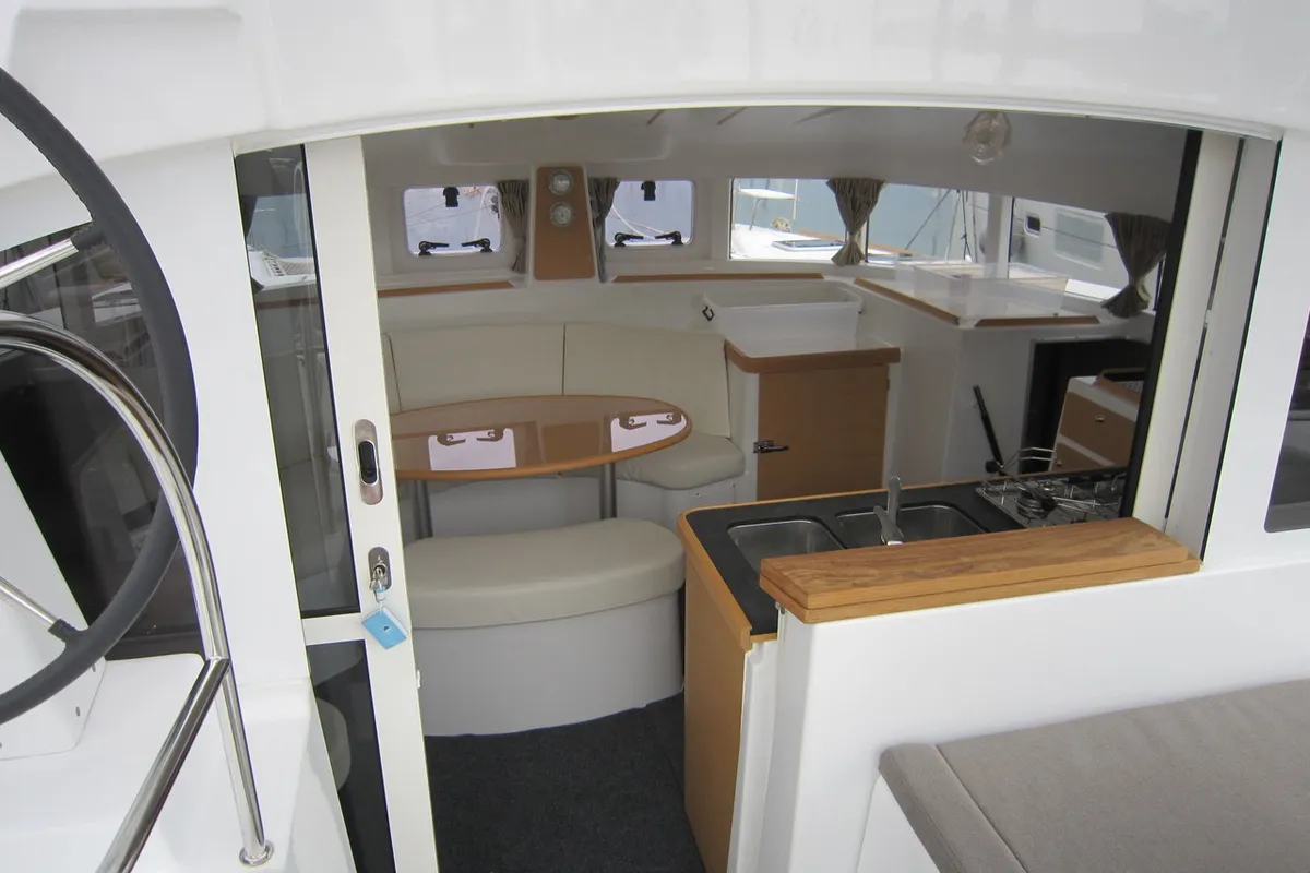 Salon of ThunderCat, a Lagoon 380 catamaran at Lavreotiki Municipal Unit, Greece