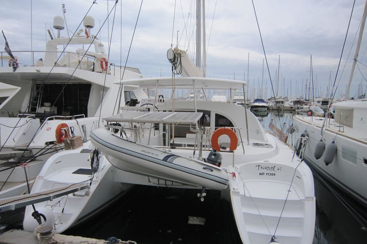 Exterior view of ThunderCat, a Lagoon 380 catamaran at Lavreotiki Municipal Unit, Greece