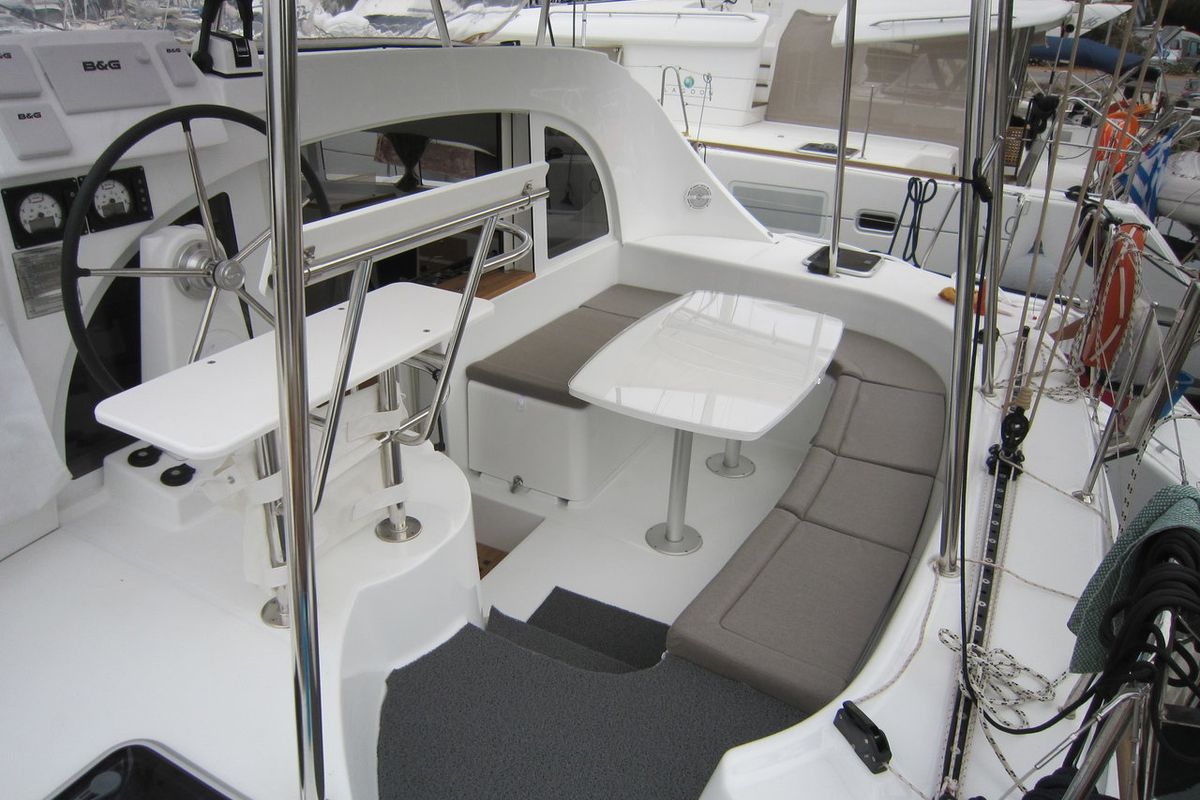 Cockpit of ThunderCat, a Lagoon 380 catamaran at Lavreotiki Municipal Unit, Greece