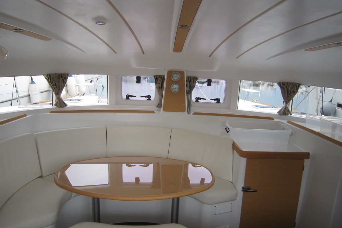 Salon of ThunderCat, a Lagoon 380 catamaran at Lavreotiki Municipal Unit, Greece