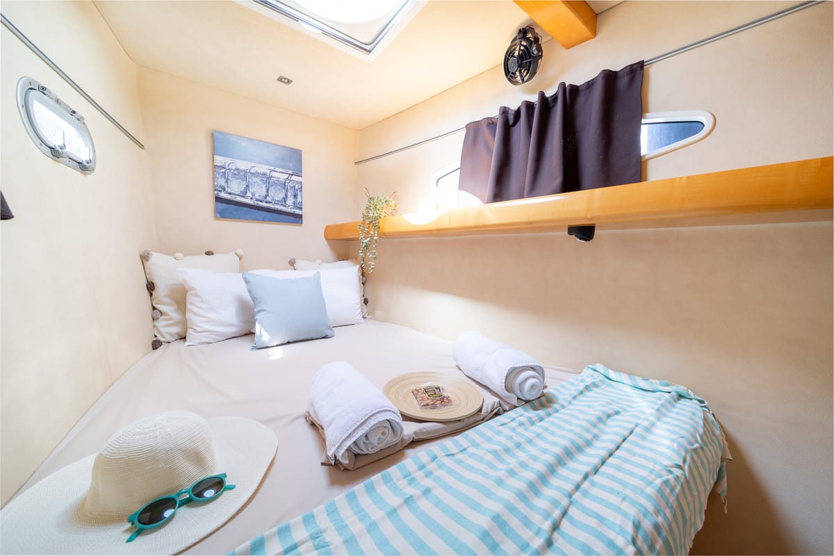 Cabin on Zorba CAT Cabin 1, a Fountaine Pajot Eleuthera 60 catamaran at Aegina, Greece