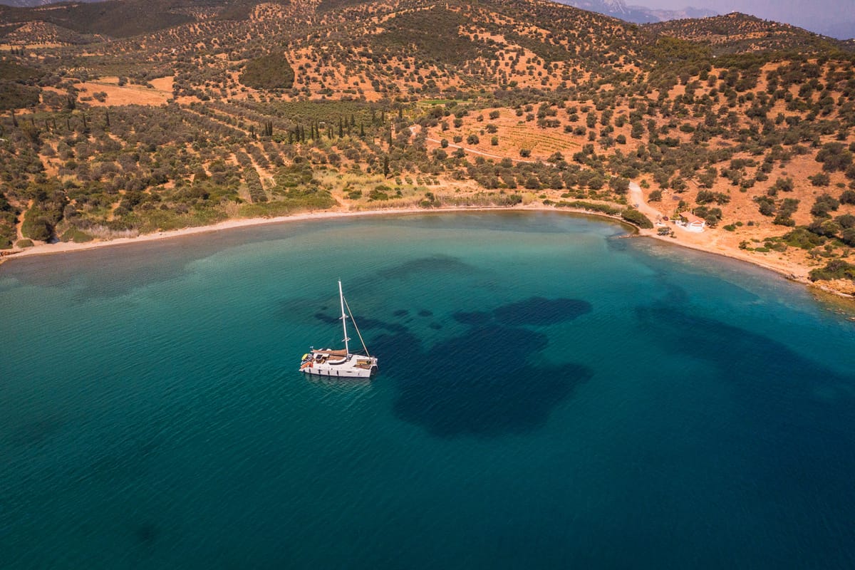 Exterior view of Zorba CAT Cabin 1, a Fountaine Pajot Eleuthera 60 catamaran at Aegina, Greece